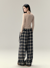 Pleated Belt Plaid Pants